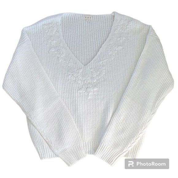 POL Ivory V-Neck Mohair Wool Sweater Embroidered with Pearl Bead Detail NEW - Picture 4 of 9